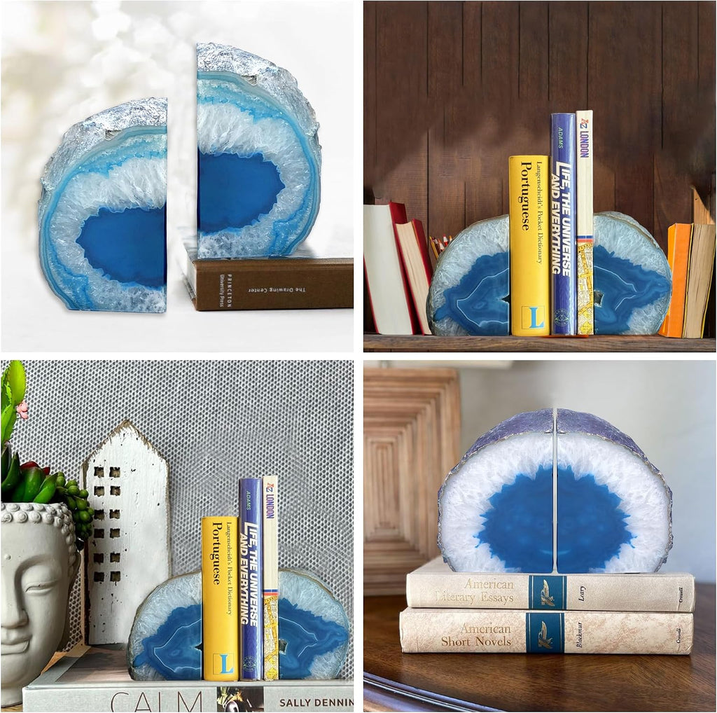 GM Teal Agate Bookends for Heavy Books. Crystal Stone Bookend. 1 Pair, A Grade, Pre-Matched Polished Geodes Home