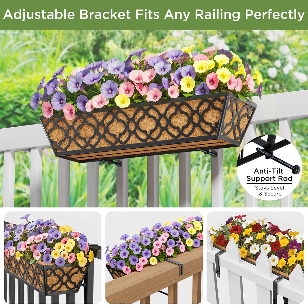 Deck Railing Planter Boxes, Adjustable Balcony Planter for Outdoor Plants, Metal Railing Planter Box for Deck, Fence