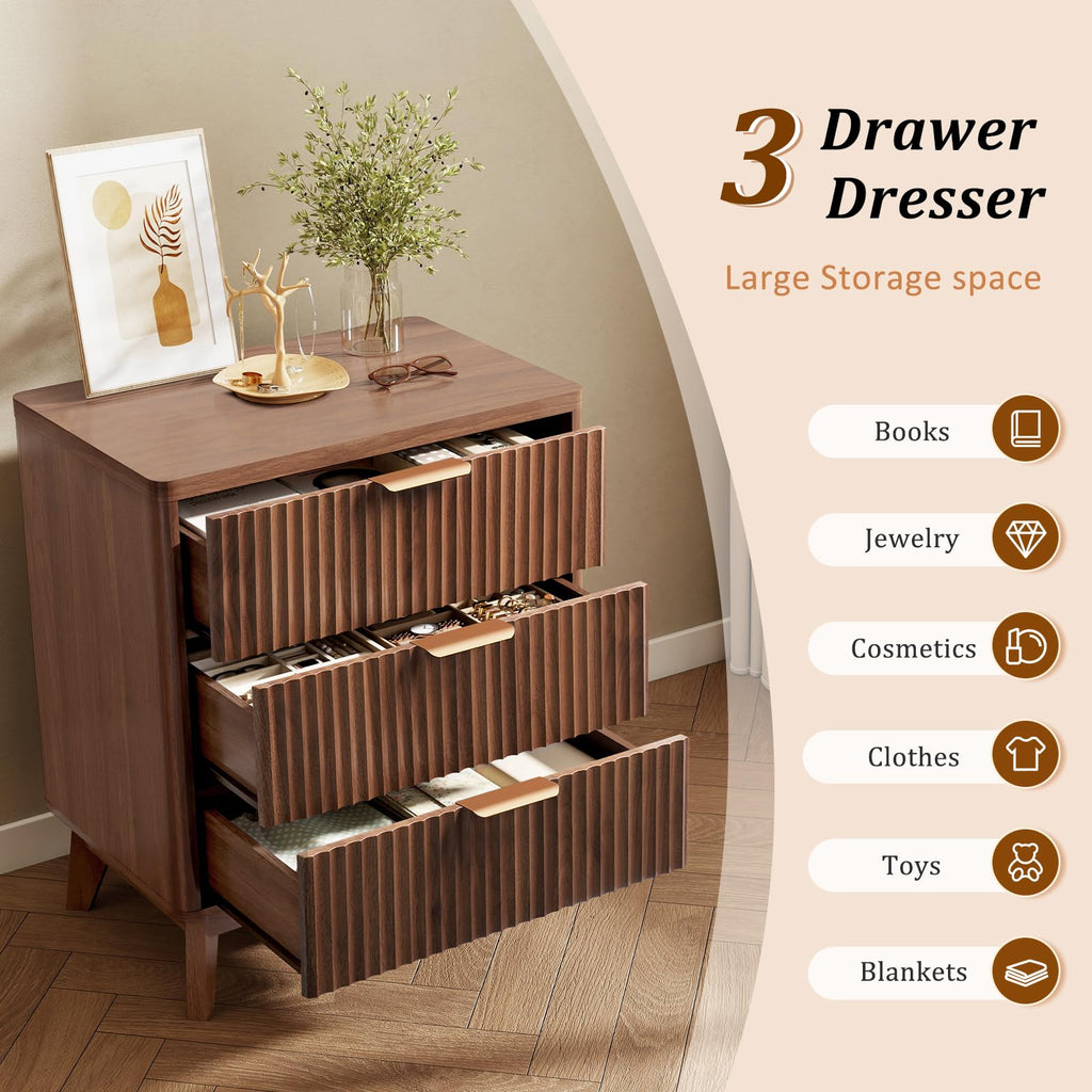 Fluted Nightstand Set of 2, Wood Bedside Table with 3 Drawers, Modern Farmhouse Storage End Table, Walnut