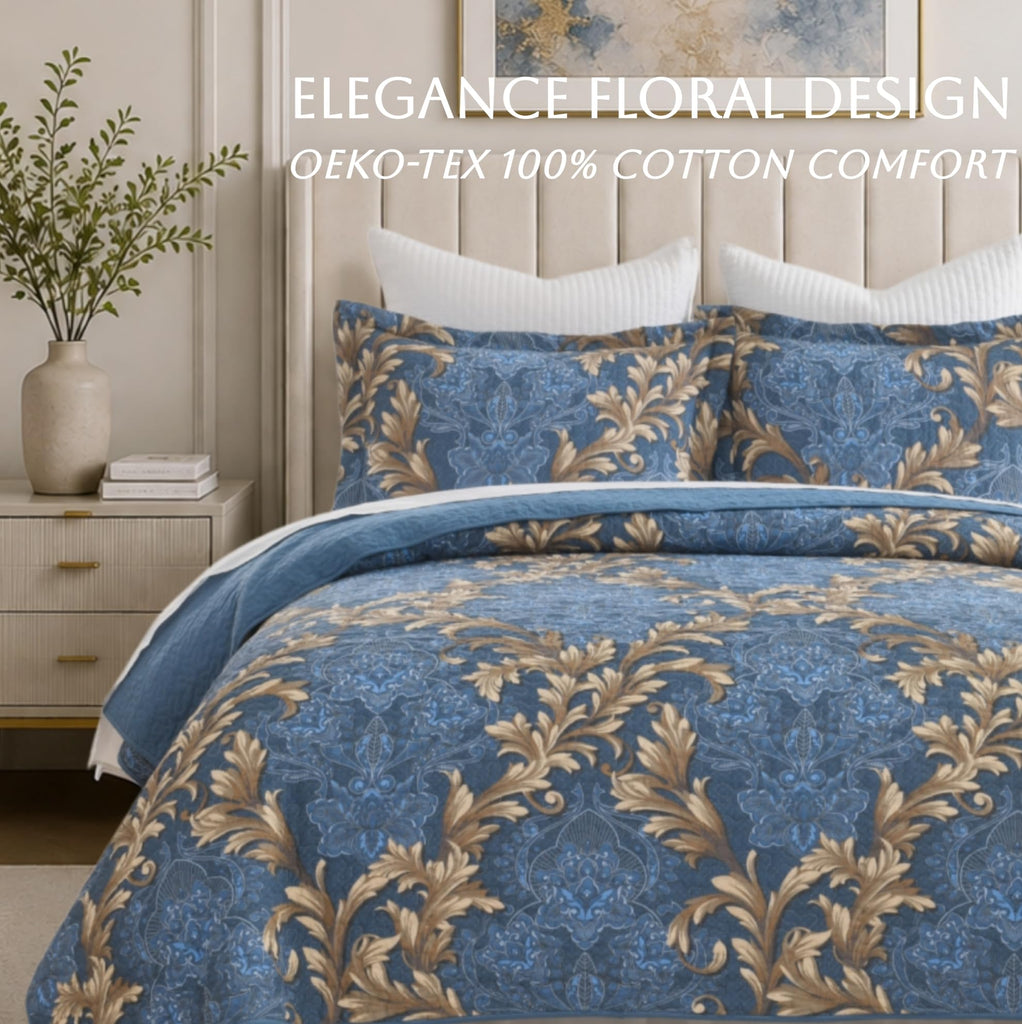 Quilt Bedding Set, 100% Cotton Blue Floral Quilt Bedspreads