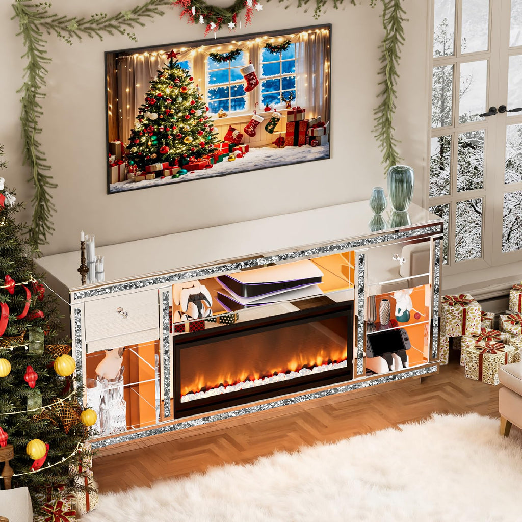 Mirrored TV Stand with Fireplace for 70 Inch TVs