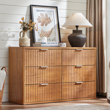Fluted 6 Drawers, 48" Wide Farmhouse Chest of Drawers with Metal Handle, Curved Profile Modern Closet Organizer Wood