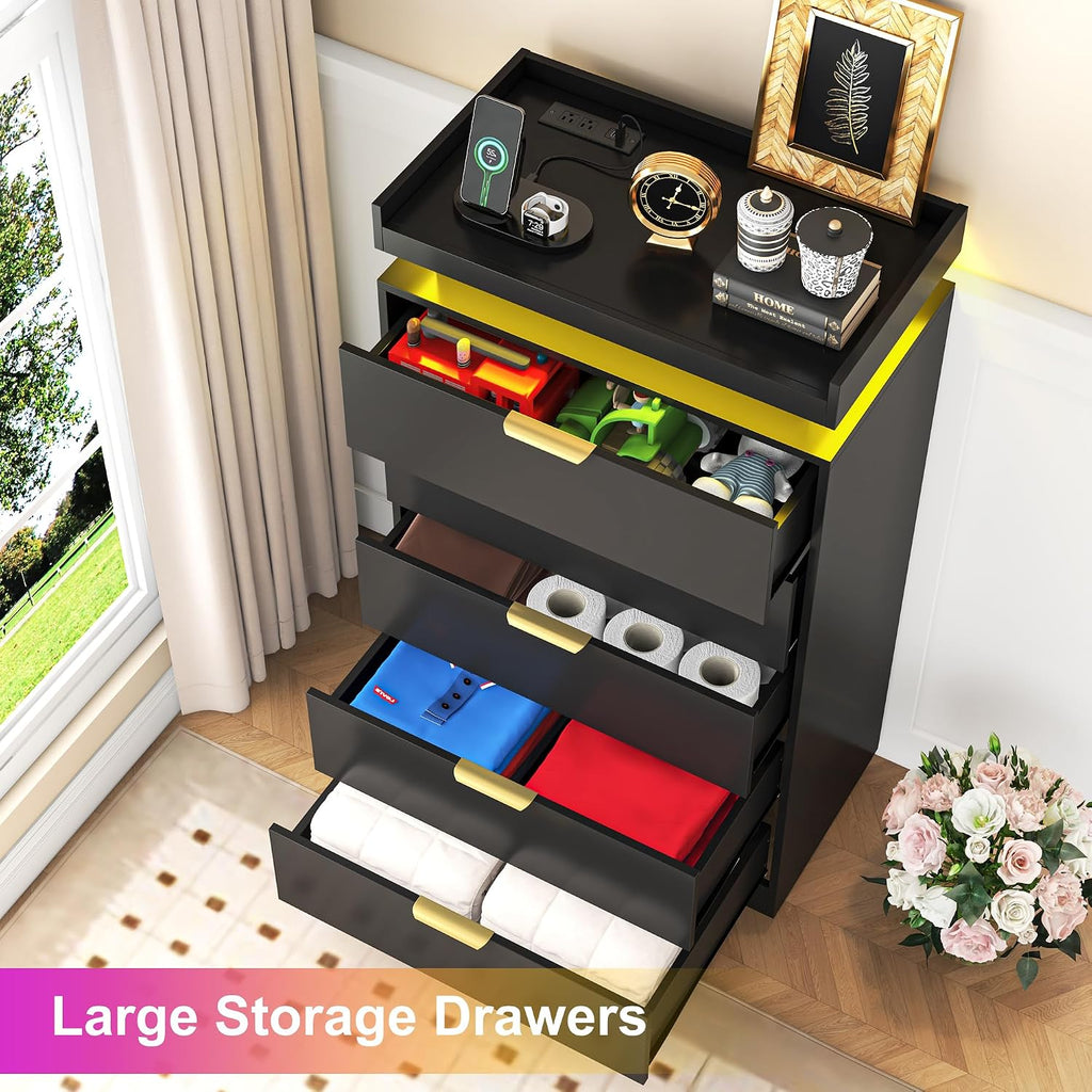 Tall Dresser , Black Dresser with LED Lights, Wood 5 Drawer Chest with Power Outlet, Modern Chest of Drawers
