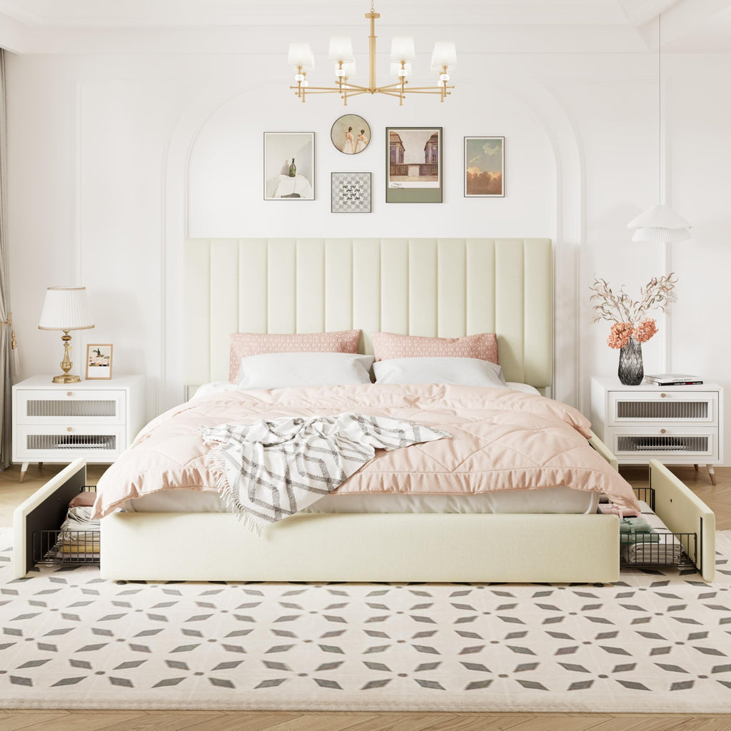 King Size Storage Bed Frame, Vertical Channel Tufted Adjustable Headboard, Velvet Upholstered Platform Bed with 4