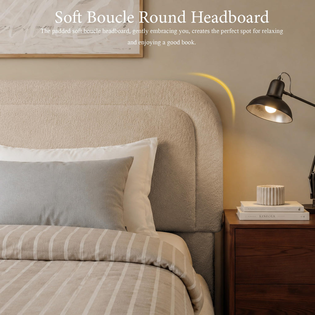 Boucle Cloud Full Bed Frame with Headboard, Solid Wood Legs, Khaki