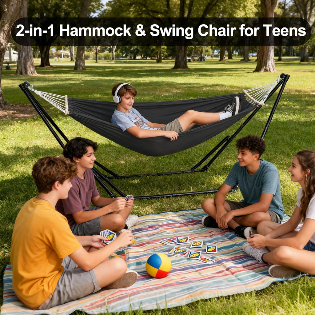 2-in-1 Hammock Chair with Stand, Portable Hammock, Black | Adjustable swing chair for teens with heavy-duty steel