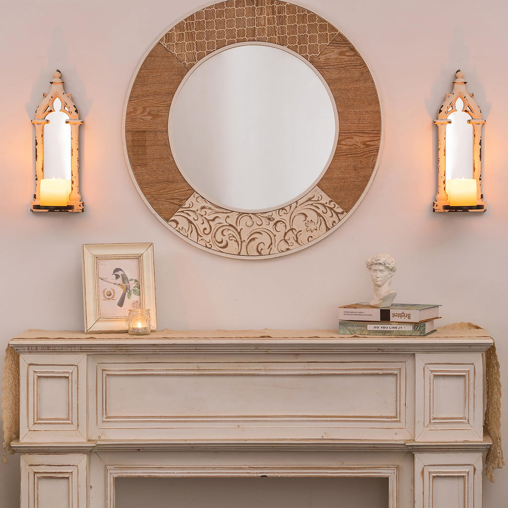 Wall Candle Sconces Set of 2 with Real Mirror, Distressed White