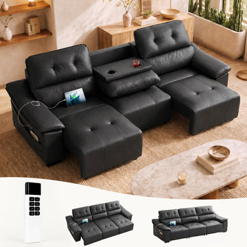 110'' Electric Leather Recliner Couch, Power Extendable Pull Out Sofa Bed
