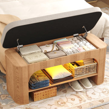 40.2" Fluted Storage Bench with Built-in LED Light, Flip-Top Shoe Bench with Cushioned Seat and Open Storage