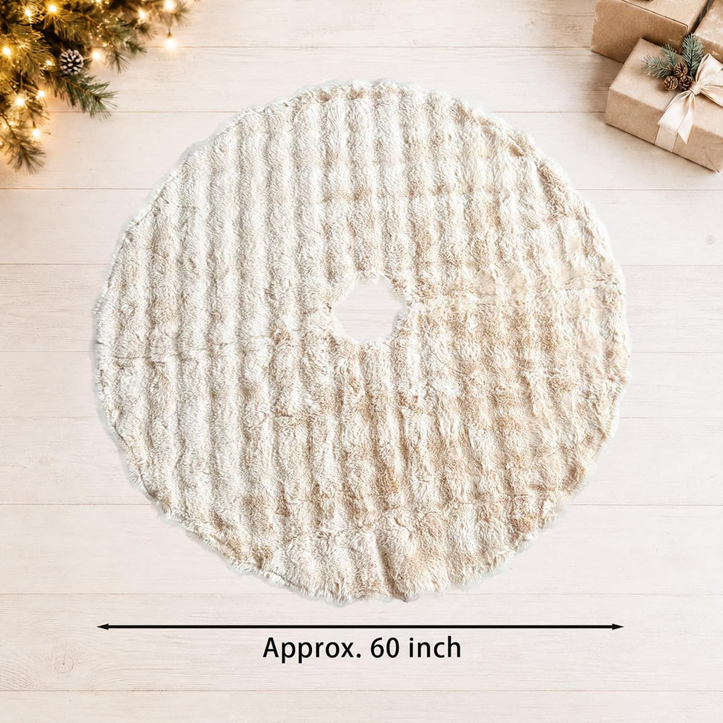 Christmas Tree Skirt 60 Inch, Light Khaki Faux Fur Tree Skirt Puff Quilt Fluffy Tree Decorations, Soft Plush Tree