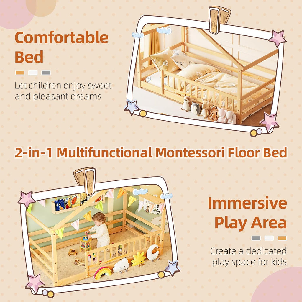 Tw Bed, Montessori Floor Bed with Fence and Roof, Solid Wood Low Bed Frame with Headboard & Footboard for Boys &