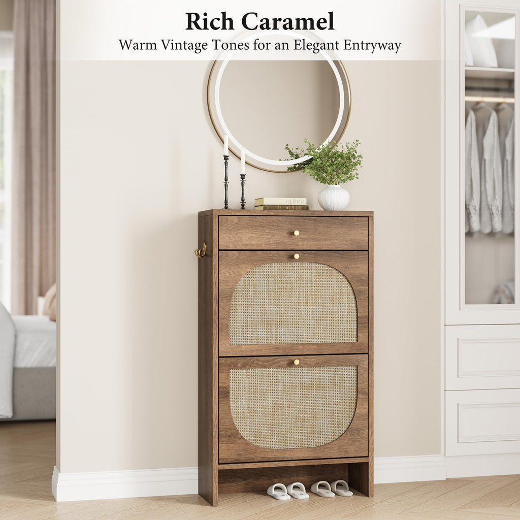 Shoe Storage Cabinet, Slim Shoe Rack with 2 Flip Drawers and Top Storage Drawer, Narrow Shoe Organizer with Arched