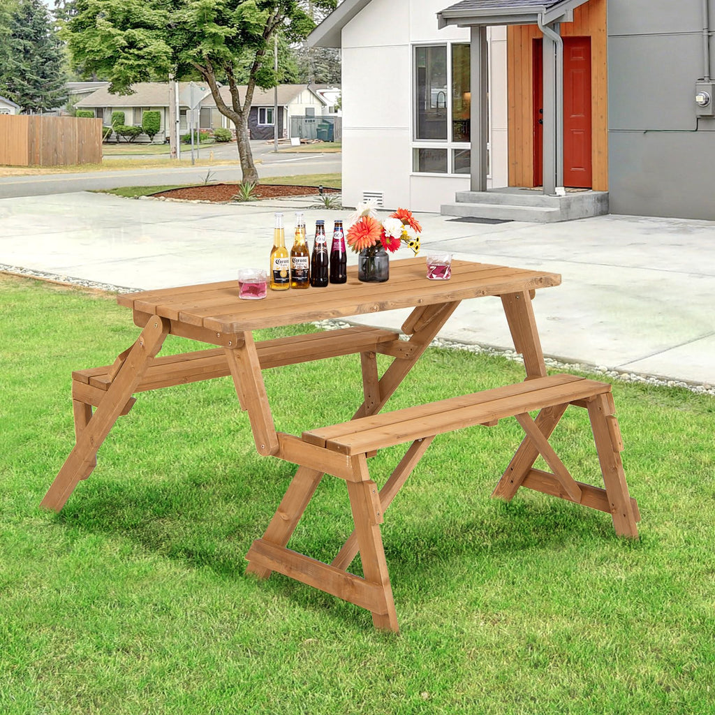 Picnic Table, 2 in 1 Convertible Picnic Bench Table Set, Transforming Interchangeable Wooden Picnic Table with