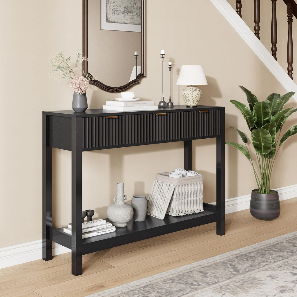 Fluted Console Table, Wooden Sofa Table with Storage and Drawers, Farmhouse Behind Couch Table Entryway Table for