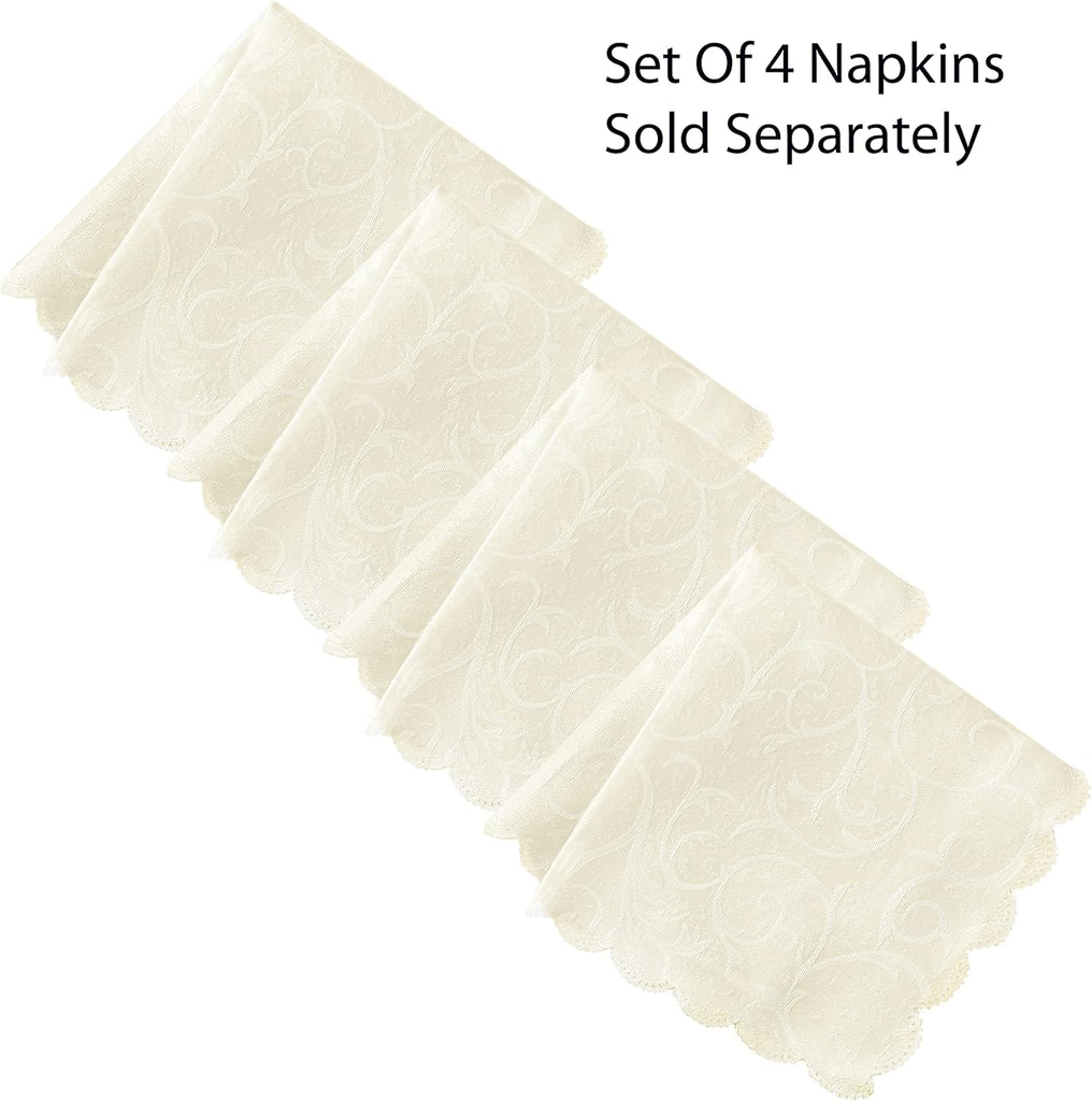 Portofino Scalloped Damask Fabric Tablecloth, 52 x 70 Inch Rectangle, Ivory, Wrinkle and Stain Resis