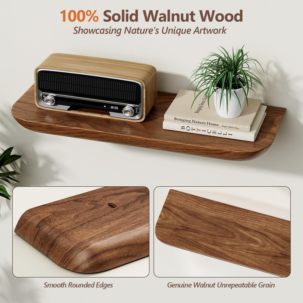Solid Walnut Floating Shelves for Wall 16.5 Inch Set of 2, Round Edge Wall Mounted Shelf, Rustic Farmhouse Wooden