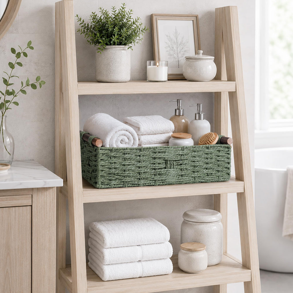 Round Paper Rope Storage Basket Wicker Baskets for Organizing with Handle Decorative Storage Bins for Countertop