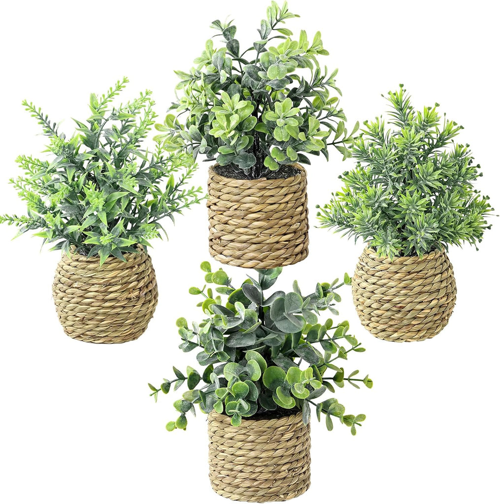 Small Fake Plants, 4 Pack Artificial Plants in Handwoven Seagrass Baskets | Natural Woven Texture, 4 Unique Plant