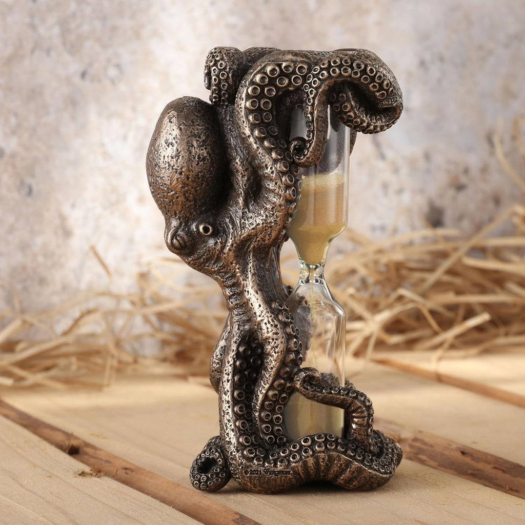 4 1/2 Inch Octopus Hourglass 5 Minutes Gold Colored Sand Timer Cold Cast Bronzed Resin Sculpture