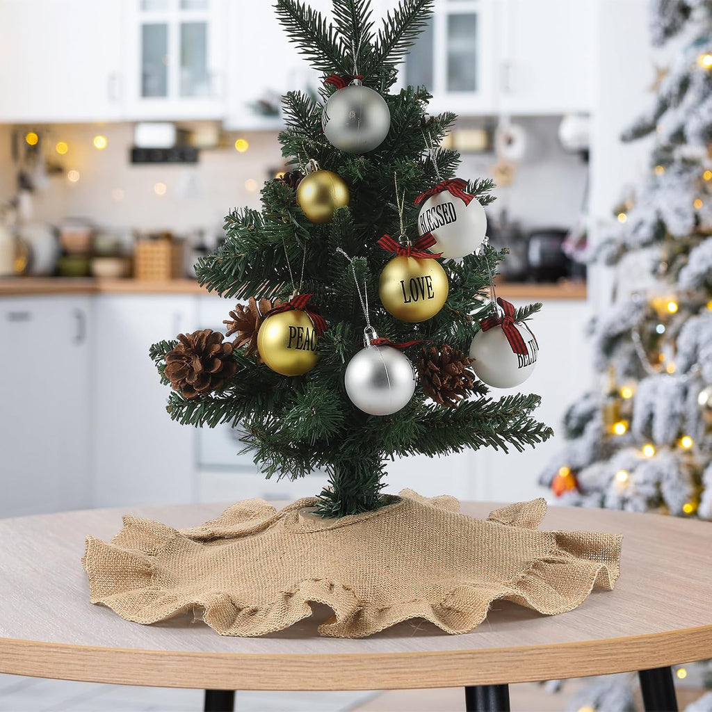 Christmas Tree Skirt 15 Inch Small Xmas Tree Mat for Christmas Holiday Party Decorations(Flax,Farmhouse,Fawn) - Set of 2