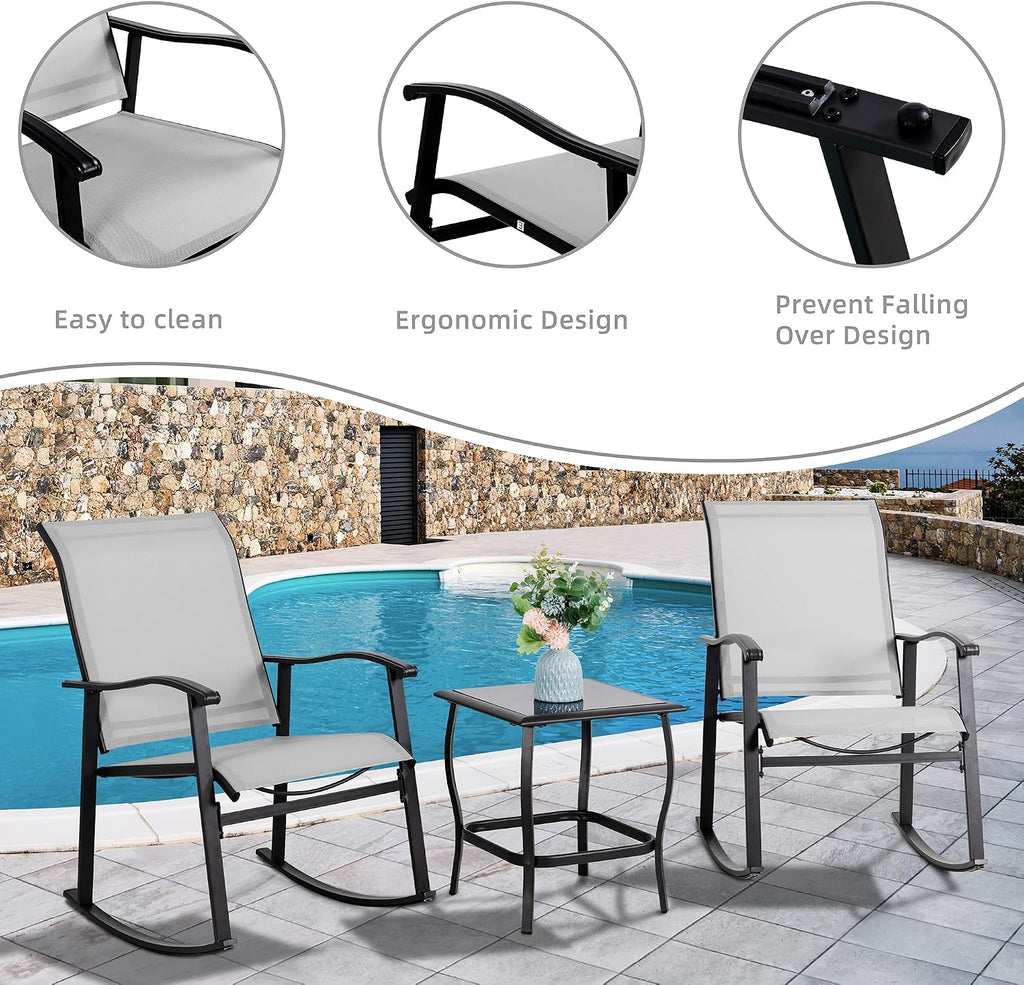 3 Piece Outdoor Rocking Bistro Set, Textilene Fabric Small Patio Furniture Set, Front Porch Rocker Chairs