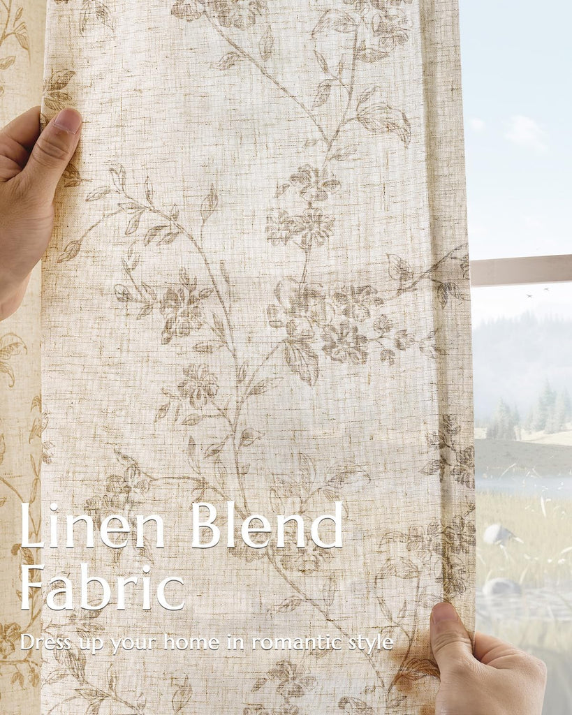 Linen Floral Curtains for Living Room 96 Inch Length Taupe Printed Curtains Back Tab French Country Farmhouse Flower
