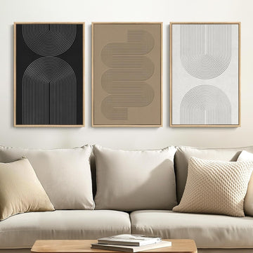 Framed Black and White Brown Abstract Wall Art, 3 Piece Boho Geometric Canvas Prints Paintings Artwork for Walls