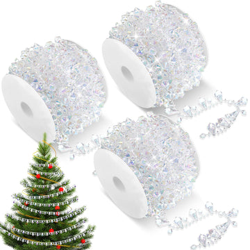 100 Feet 3 Roll Christmas Crystal Bead Garland, Clear, Iridescent