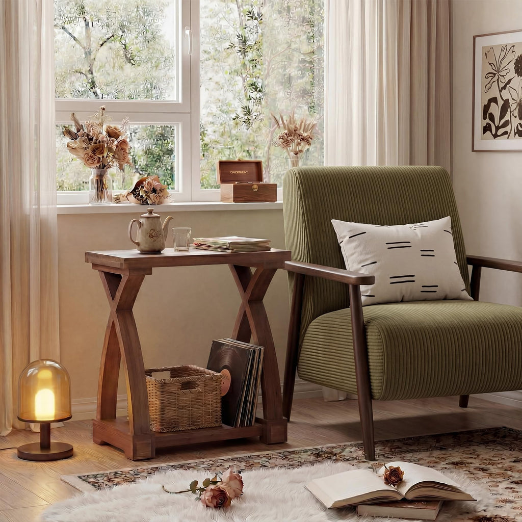Solid Wood End Table, 2-Tier Small Side Table with Storage Shelf