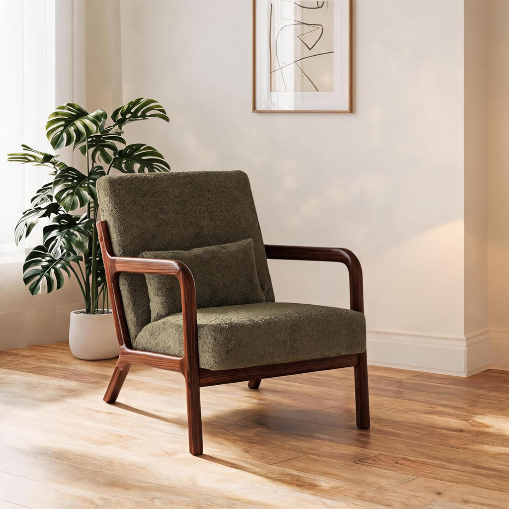 Mid-Century Modern Accent Chair, Chenille Upholstered Armchair with Wood Frame and Lumbar Pillow, Cozy Reading Chair
