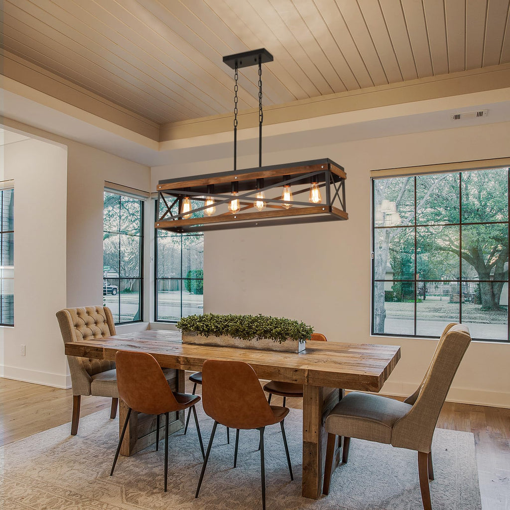 Rustic Farmhouse Wood Kitchen Island Lighting, 6 Lights Rectangular Pendant Light Fixture, Adjustable Chain Oak Wood
