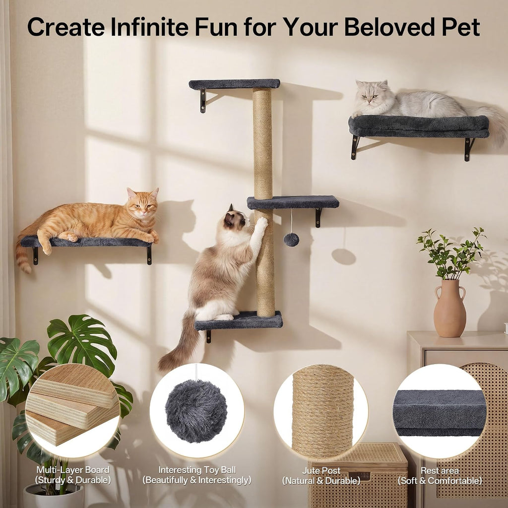 Cat Wall Shelves, 5-in-1 Cat Wall Furniture Set, Grey
