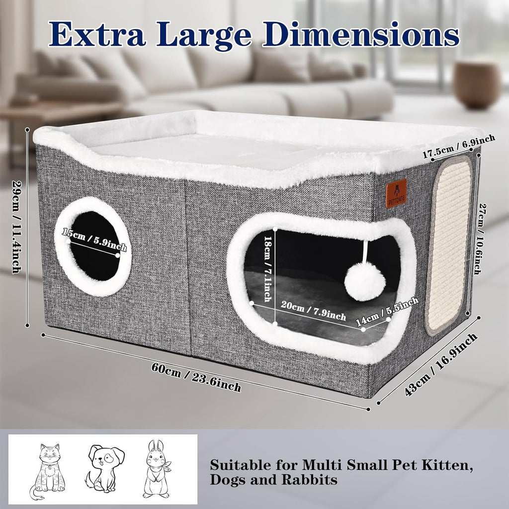 Extra Large Cat Beds for Indoor Cats, Covered Cat Cave Beds & Furniture with Scratch Pad and Fluffy Ball, Foldable