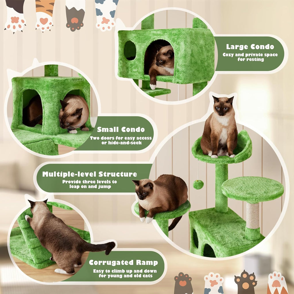 54in Cat Tree Tower, 2 Caves, Kitten-Ear Perch & Scratching Posts