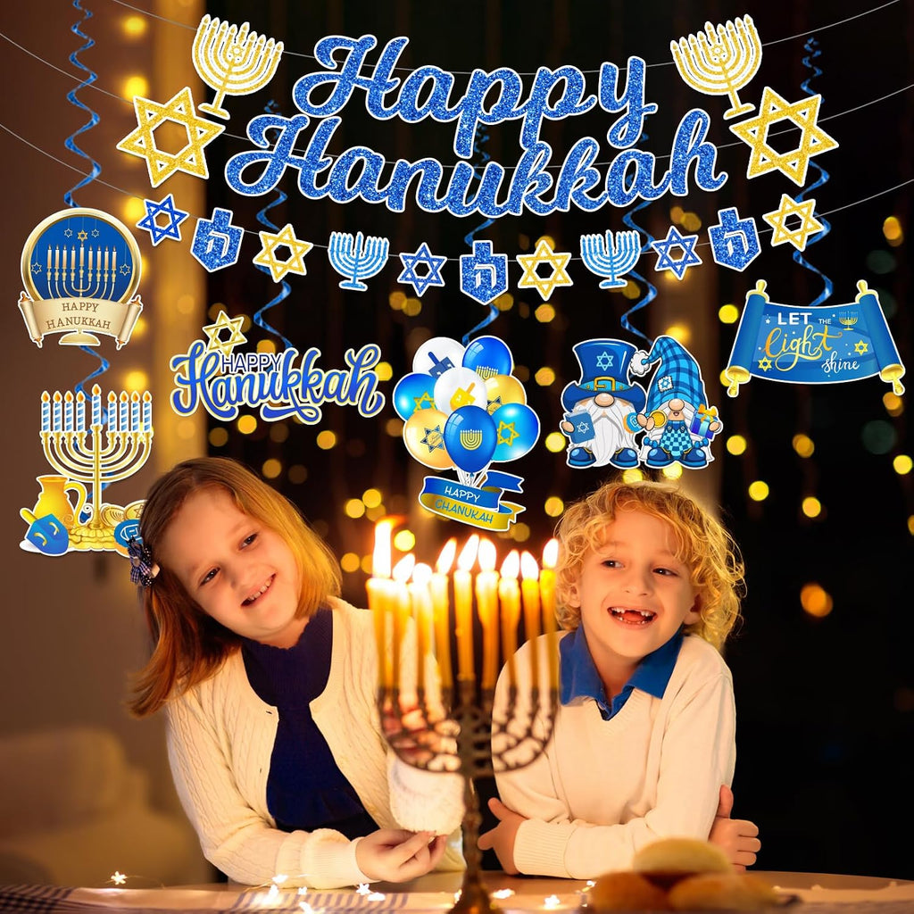 Hanukkah Decorations, Chanukah Party Decor includes Happy Hanukkah Banner Star of David Dreidel Garland and Hanging - Set of 15