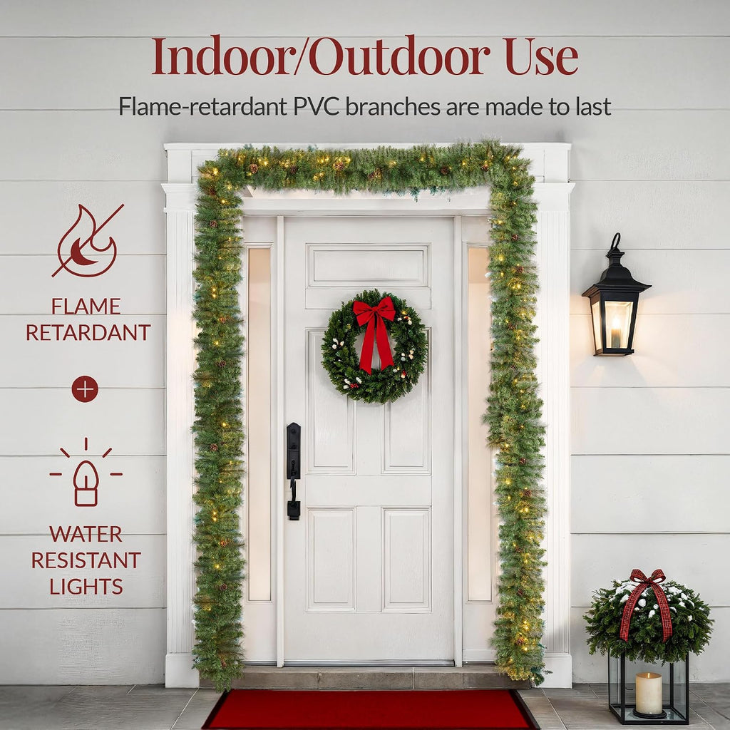 9ft Pre-Lit Christmas Garland Holiday Décor for Stairs, Mantel, w/Pine Cones, 2-in-1 White & Multi LED Lights