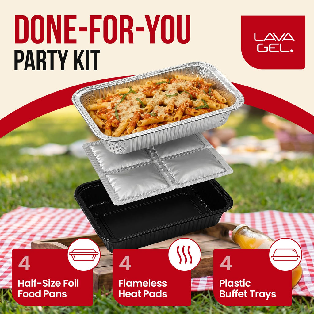 Self-Heating Buffet Kit - Flameless Food Warmer Set for Parties - Includes 4 Trays, 4 Half-Size Heat Pads & Foil Pans