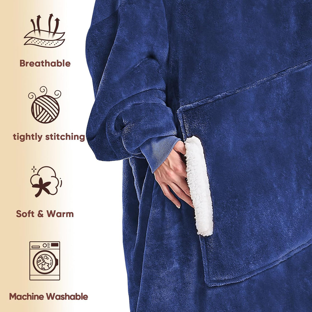Wearable Blanket Hoodie, Flannel Sherpa Fleece Blanket Sweatshirt for Adults Women Men, Big Plush Cozy Hooded Blanket