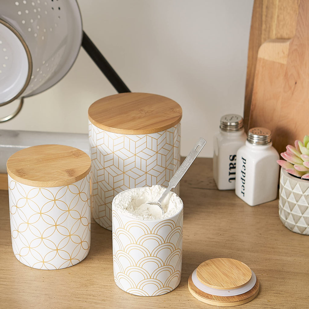 Kitchen Ceramics Collection, Canister Set, Mixed Print, White/Gold, 3 Piece