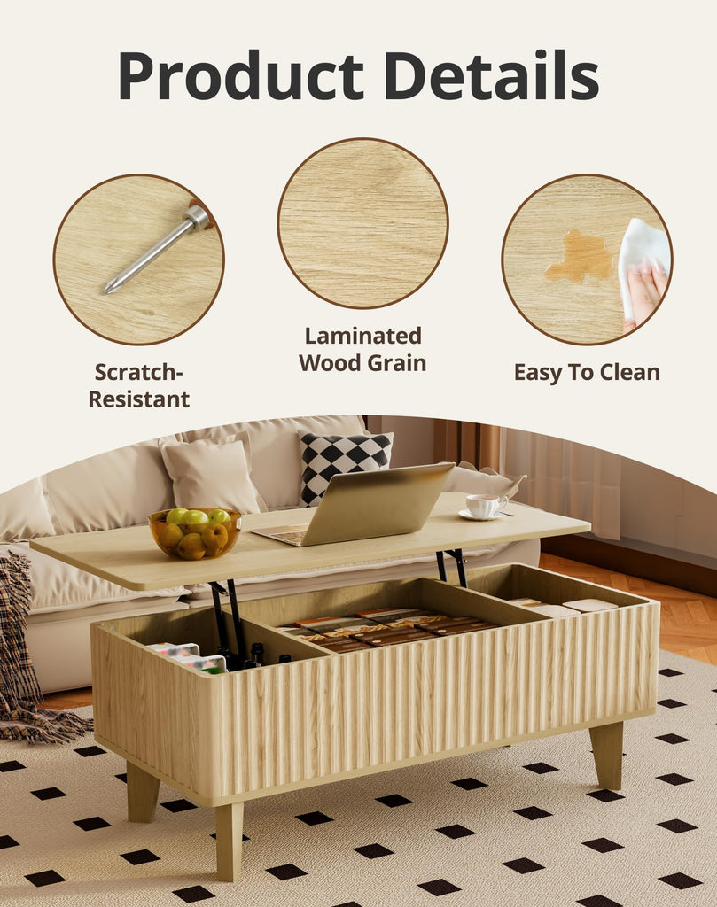 Rectangular Coffee Table with Lifting Top, Mid Century Modern Living Room Center Table, Wood Fluted Coffee Table, Oak