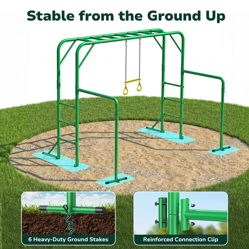 Monkey Bars for Kids Backyard with Dual Gym Bars & Trapeze Swing