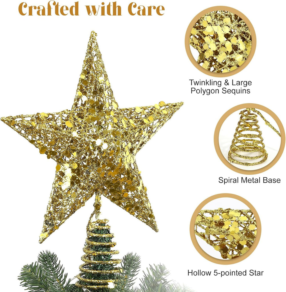 Christmas Star Tree Topper with Lights and Sequins, Gold