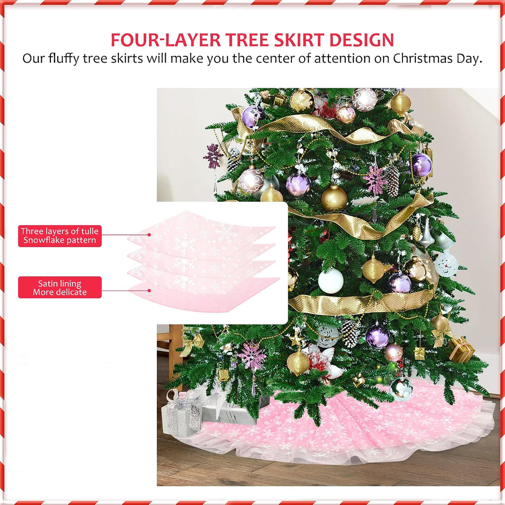 Christmas Wedding Tree Skirt, 4 Layer 47 in Snowflake Tulle Tree Decoration for Party Indoor, Fluffy Tree Cover Mat