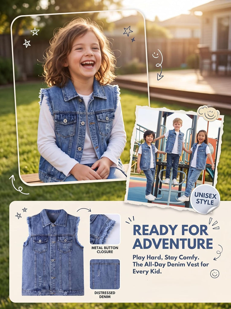 Kids Biker Denim Vest Western Motorcycle Jean Jacket for Boys Girls