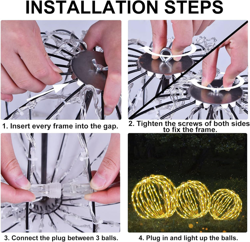 Set of 3 Christmas Light Balls Outdoor, 12/16/21 Inch Foldable Sphere Decor