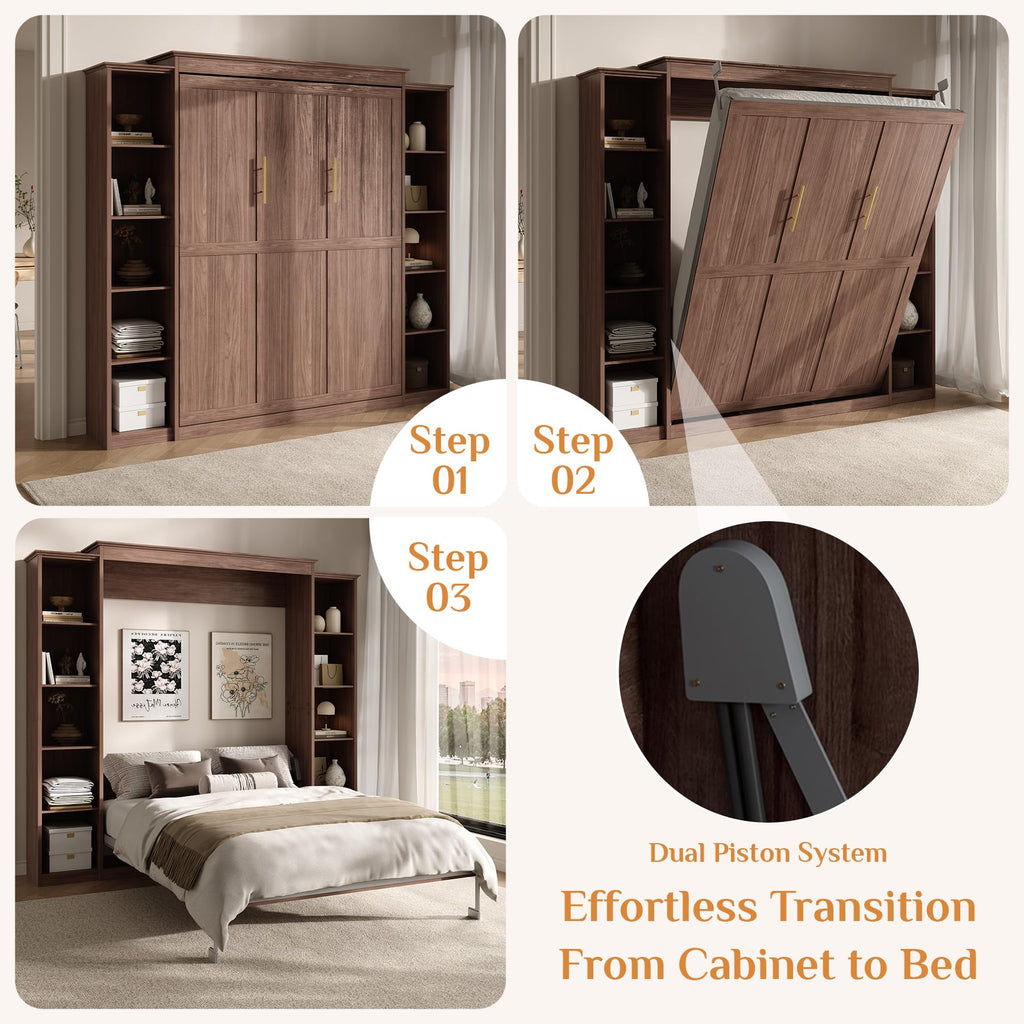 Murphy Bed Full Cabinet with 5-Tier Shelves, Wood Wall Bed, Walnut
