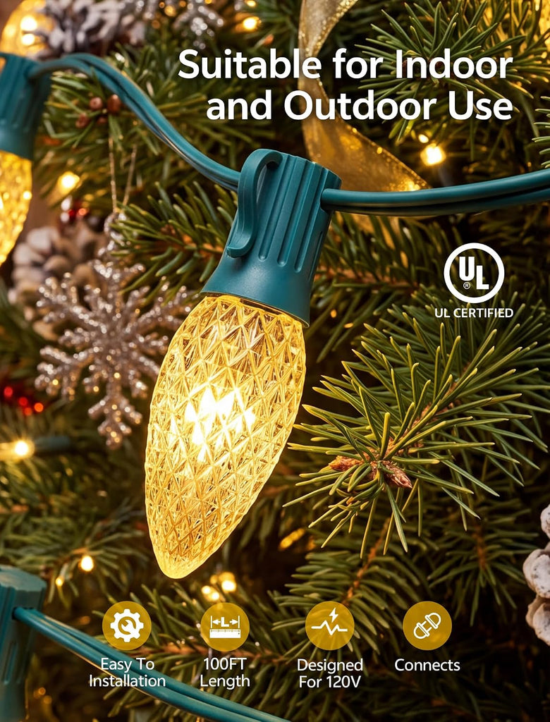 100FT C9 Light String Christmas Stringer, Green Wire with E17 Light Sockets