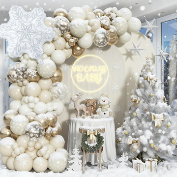 Snowflake Balloon Garland Arch Kit, Gold and White Sand Balloon Arch with Clear Snowflake Foil Balloons for Winter