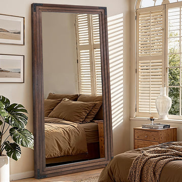 Full Length Mirror 76"x34", Solid Wood Frame Standing Mirror, Brown