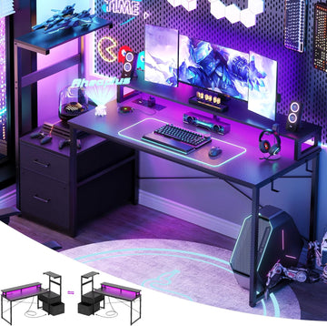 59" Gaming Desk with RGB LED & Power Outlet &PC Case/Printer Stand | Reversible Computer Desk with Monitor Stand &